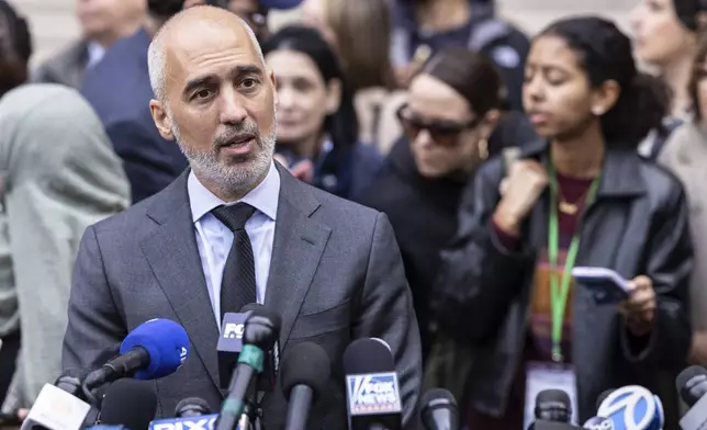 Professor of Law and Founding Director of CLEAR at the City University of New York, Ramzi Kassem speaks to the media after attending a hearing in Manhattan federal court addressing the deportation case of Mahmoud Khalil, Wednesday, March 12, 2025, in New York. (AP Photo/Stefan Jeremiah)