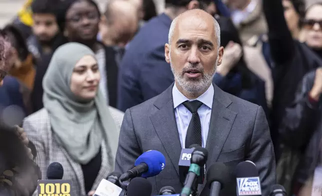 Professor of Law and Founding Director of CLEAR at the City University of New York, Ramzi Kassem speaks to the media after attending a hearing in Manhattan federal court addressing the deportation case of Mahmoud Khalil, Wednesday, March 12, 2025, in New York. (AP Photo/Stefan Jeremiah)