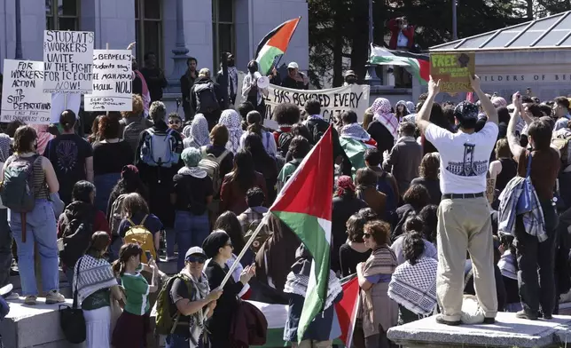 Protesters march on campus against the arrest of Mahmoud Khalil at UC Berkeley on Tuesday, March 11, 2025, in Berkeley, Calif. (Santiago Mejia/San Francisco Chronicle via AP)