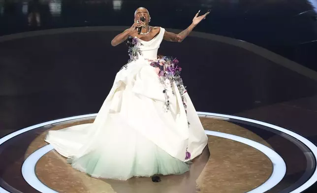 Cynthia Erivo performs "Defying Gravity" during the Oscars on Sunday, March 2, 2025, at the Dolby Theatre in Los Angeles. (AP Photo/Chris Pizzello)
