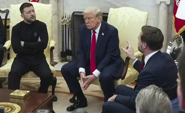 Vice President JD Vance, right, speaks with Ukrainian President Volodymyr Zelenskyy, left, as President Donald Trump listens in the Oval Office at the White House, Friday, Feb. 28, 2025, in Washington. (AP Photo/ Mystyslav Chernov)