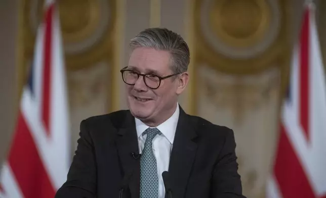 Britain's Keir Starmer speaks at a press conference as he hosts a European leaders' summit to discuss Ukraine, at Lancaster House in London, Sunday March 2, 2025. (Julian Simmonds/Pool via AP)