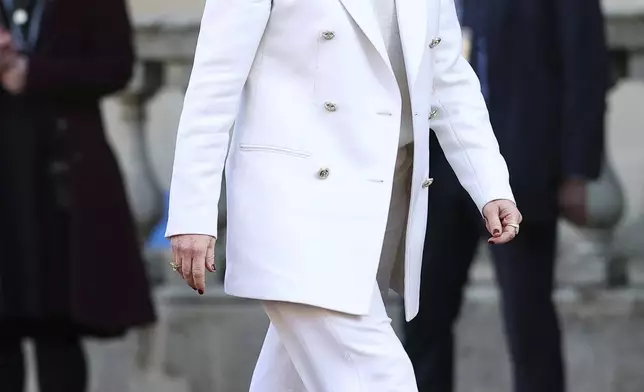 Italian Prime Minister Giorgia Meloni arrives for the European leaders' summit to discuss Ukraine, hosted by Britain's Prime Minister Keir Starmer, at Lancaster House, London, Sunday March 2, 2025. (Toby Melville/Pool via AP)