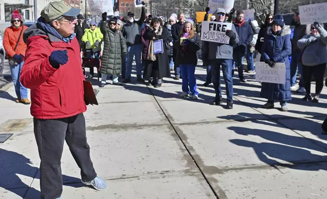 Ella Rayburn, a former National Park Service employee that helped create the Steamtown National Historical site, speaks at a "Save Steamtown" rally to protest the Trump administration layoffs at the Steamtown National Historic Site in Scranton, Pa., Saturday, Feb. 22, 2025. (Aimee Dilger/WVIA via AP)