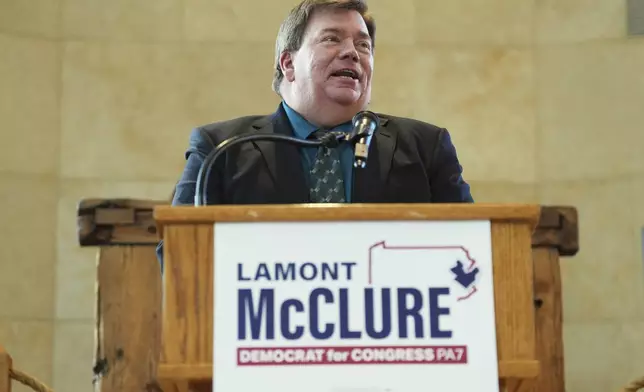 Lamont McClure, Democratic Northampton County Executive, speaks during an event announcing his campaign to run for the Pennsylvania's 7th Congressional District, in Easton, Pa., Thursday, Feb. 27, 2025. (AP Photo/Matt Rourke)
