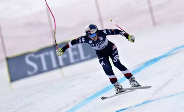 United States' Lindsey Vonn skis during a women's downhill training run at the World Cup Finals, Friday, March 21, 2025, in Sun Valley, Idaho. (AP Photo/John Locher)