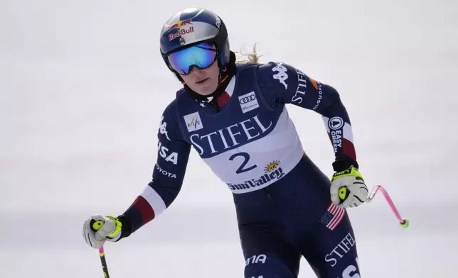 United States' Lindsey Vonn skis during a women's downhill training run at the World Cup Finals, Friday, March 21, 2025, in Sun Valley, Idaho. (AP Photo/John Locher)