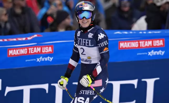 United States' Lindsey Vonn reacts after a women's downhill training run at the World Cup Finals, Friday, March 21, 2025, in Sun Valley, Idaho. (AP Photo/John Locher)