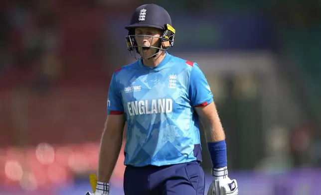 England's Joe Root reacts as he walks off the field after his dismissal during the ICC Champions Trophy cricket match between England and South Africa, in Karachi, Pakistan Saturday, March 1, 2025. (AP Photo/Anjum Naveed)