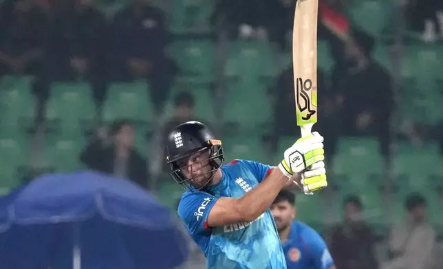 England's Jos Buttler bats during the ICC Champions Trophy cricket match between Afghanistan and England, in Lahore, Pakistan, Wednesday, Feb. 26, 2025. (AP Photo/K.M. Chaudary)