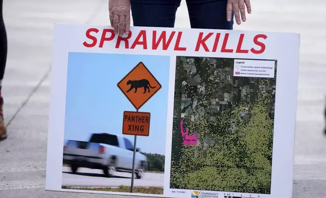 A placard displays locations of panther habitats inside the Florida Panther National Wildlife Refuge in Southwest Florida, Wednesday, Jan. 15, 2025. (AP Photo/Lynne Sladky)