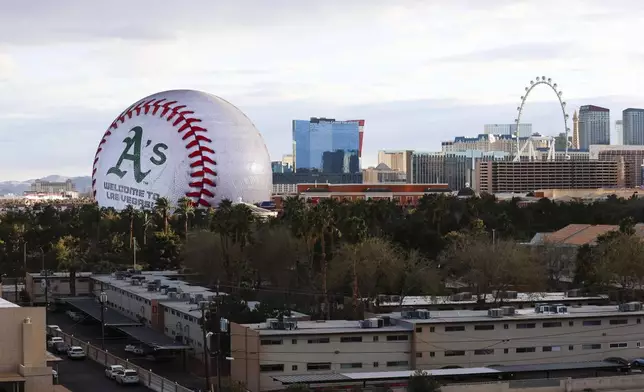 The Athletics logo is displayed on The Sphere, Friday, March 7, 2025, in Las Vegas. (Wade Vandervort/Las Vegas Sun via AP)