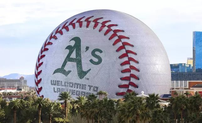 The Athletics logo is displayed on The Sphere, Friday, March 7, 2025, in Las Vegas. (Wade Vandervort/Las Vegas Sun via AP)