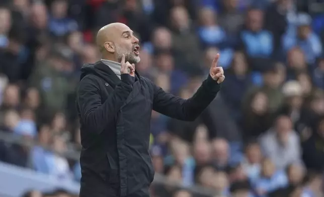 Manchester City's head coach Pep Guardiola gives instructions from the side line during the English Premier League soccer match between Manchester City and Brighton and Hove Albion at Etihad stadium in Manchester, England, Saturday, March 15, 2025. (AP Photo/Ian Hodgson)