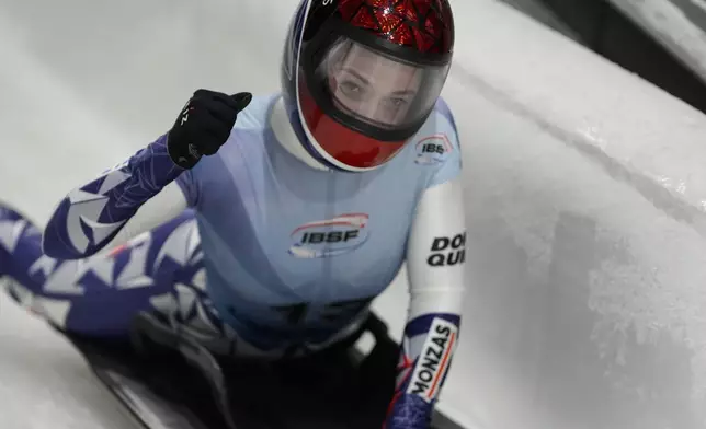 Anna Fernstaedt, of The Czech Republic, slides during fourth run at the skeleton world championships, Friday, March 7, 2025, in Lake Placid, N.Y. (AP Photo/Julia Demaree Nikhinson)