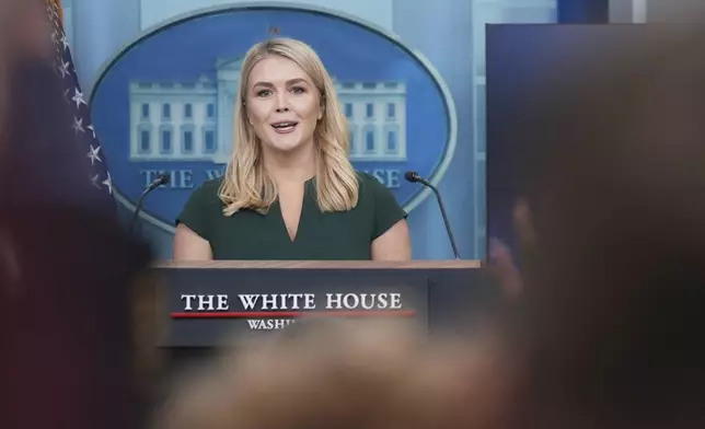 White House press secretary Karoline Leavitt speaks during a press briefing at the White House, Monday, March 17, 2025, in Washington. (AP Photo/Evan Vucci)