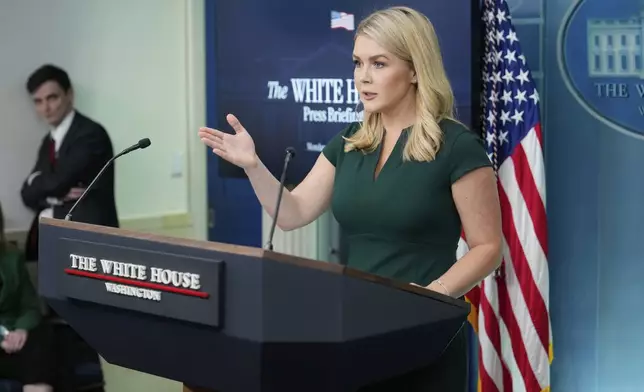 White House press secretary Karoline Leavitt speaks during the daily briefing at the White House in Washington, Monday, March 17, 2025. (AP Photo/Ben Curtis)