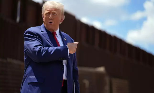 FILE - Republican presidential nominee former President Donald Trump speaks along the southern border with Mexico, on Aug. 22, 2024, in Sierra Vista, Ariz. (AP Photo/Evan Vucci, File)