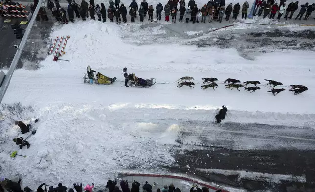 FILE - A musher leaves downtown during the ceremonial start of the Iditarod Trail Dog Sled Race on Saturday, March 2, 2024, in Anchorage, Alaska. (Marc Lester/Anchorage Daily News via AP, File)