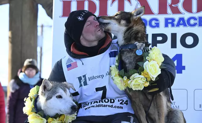 FILE - Dallas Seavey celebrates his win in the Iditarod Trail Sled Dog Race, March 12, 2024, in Nome, Alaska. (Anne Raup/Anchorage Daily News via AP, File)