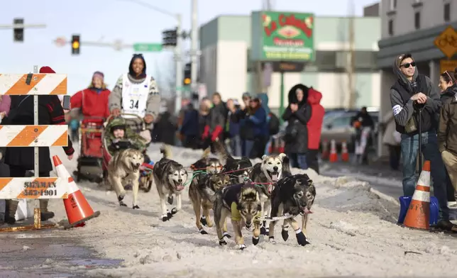 Emily Ford (34), of Duluth, Minn., mushes down Cordova Street during the Ceremonial Start of the Iditarod Trail Sled Dog Race in Anchorage, Alaska., Saturday, March 1, 2025. (AP Photo/Amanda Loman)