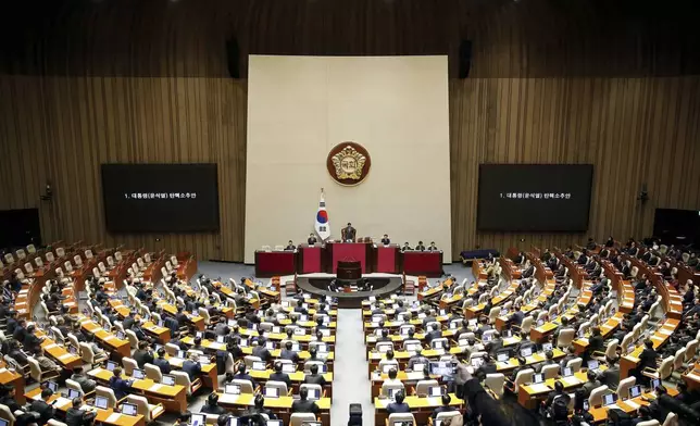 FILE - South Korean lawmakers attend during a plenary session of the impeachment vote of President Yoon Suk Yeol at the National Assembly in Seoul, on Dec. 14, 2024. (Woohae Cho/Pool Photo via AP, File)