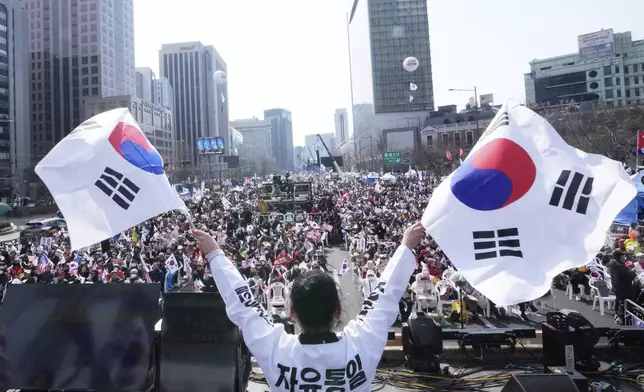 Supporters of impeached South Korean President Yoon Suk Yeol stage a rally to oppose his impeachment in Seoul, South Korea, Saturday, March 8, 2025. (AP Photo/Ahn Young-joon)