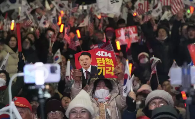 Supporters of impeached South Korean President Yoon Suk Yeol stage a rally to oppose his impeachment near the presidential residence in Seoul, South Korea, Saturday, March 8, 2025. The letters read "Dismiss Impeachment." (AP Photo/Ahn Young-joon)