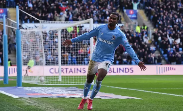 Coventry City's Haji Wright scores their side's third goal of the game during a Sky Bet Championship soccer match against Sunderland, Saturday, March 15, 2025, at Coventry Building Society Arena in Coventry, England. (Bradley Collyer/PA via AP)
