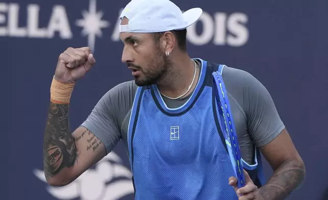 Nick Kyrgios, of Australia, reacts during his match against Mackenzie McDonald at the Miami Open tennis tournament, Wednesday, March 19, 2025, in Miami Gardens, Fla. (AP Photo/Lynne Sladky)