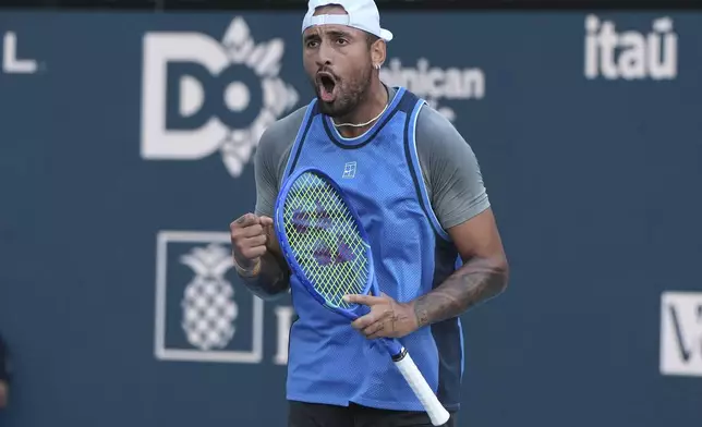 Nick Kyrgios, of Australia, reacts during his match against Mackenzie McDonald at the Miami Open tennis tournament, Wednesday, March 19, 2025, in Miami Gardens, Fla. (AP Photo/Lynne Sladky)