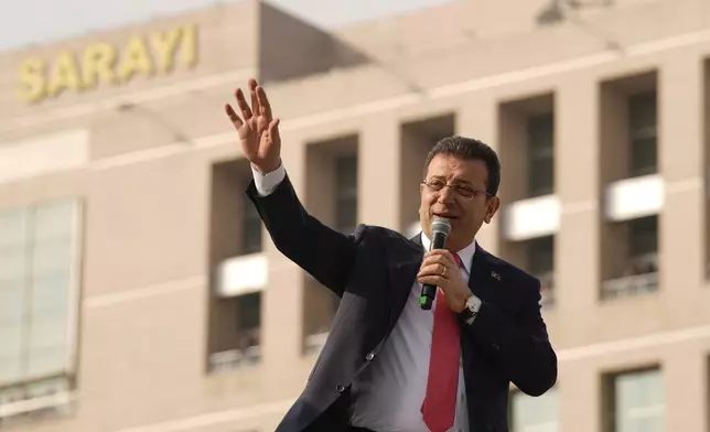 FILE - Istanbul's Mayor Ekrem Imamoglu addresses his supporters in front of the Istanbul courthouse, in Istanbul, Turkey, Friday, Jan. 31, 2025. (AP Photo/Emrah Gurel, file)