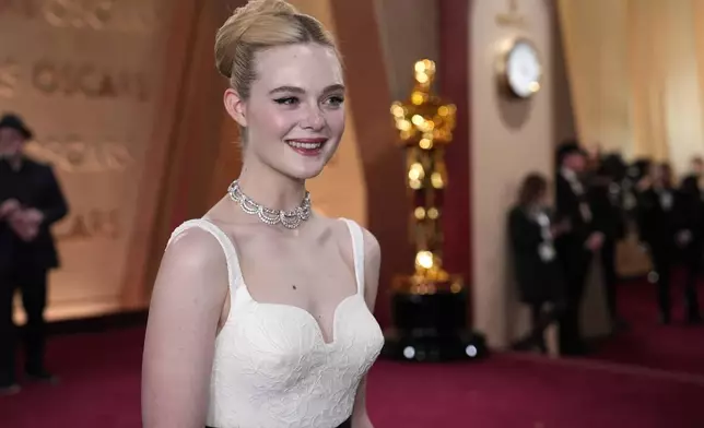 Elle Fanning arrives at the Oscars on Sunday, March 2, 2025, at the Dolby Theatre in Los Angeles. (AP Photo/John Locher)