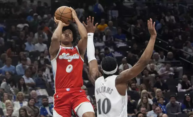 Memphis Grizzlies forward Jaylen Wells (0) shoots against Dallas Mavericks guard Brandon Williams (10) during the first half of an NBA basketball game in Dallas, Friday, March 7, 2025. (AP Photo/LM Otero)