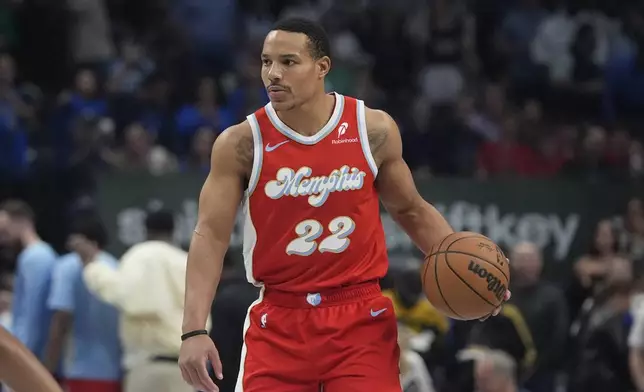 Memphis Grizzlies guard Desmond Bane (22) dribbles the ball during the first half of an NBA basketball game against the Dallas Mavericks in Dallas, Friday, March 7, 2025. (AP Photo/LM Otero)