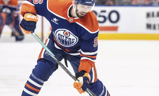 Edmonton Oilers' Jake Walman (96) takes a shot from the point against the Dallas Stars during the second period of an NHL hockey game in Edmonton, Alberta, Saturday, March 8, 2025. (Jason Franson/The Canadian Press via AP)