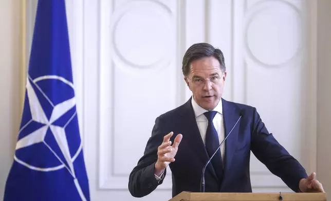 NATO Secretary General Mark Rutte speaks to the media during a joint news conference with the members of the Bosnian Presidency in Sarajevo, Bosnia, Monday, March 10, 2025. (AP Photo/Armin Durgut)