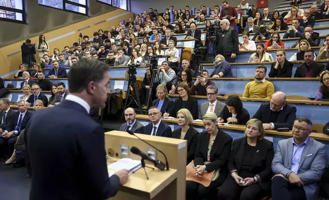NATO Secretary General Mark Rutte speaks during lecture at the Faculty of Political Sciences in Sarajevo, Bosnia, Monday, March 10, 2025. (AP Photo/Armin Durgut)
