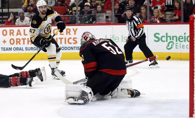 Boston Bruins' Mark Kastelic (47) has his shot go wide of Carolina Hurricanes goaltender Pyotr Kochetkov (52) during the first period of an NHL hockey game in Raleigh, N.C., Thursday, March 6, 2025. (AP Photo/Karl DeBlaker)