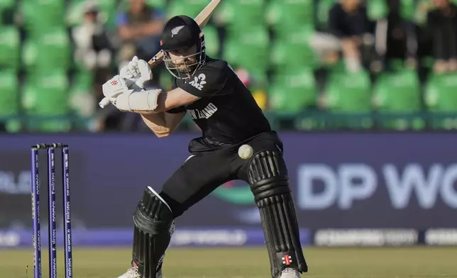 New Zealand's Kane Williamson plays a shot during the ICC Champions Trophy semifinal cricket match between New Zealand and South Africa at Gaddafi Stadium in Lahore, Pakistan, Wednesday, March 5, 2025. (AP Photo/Anjum Naveed)