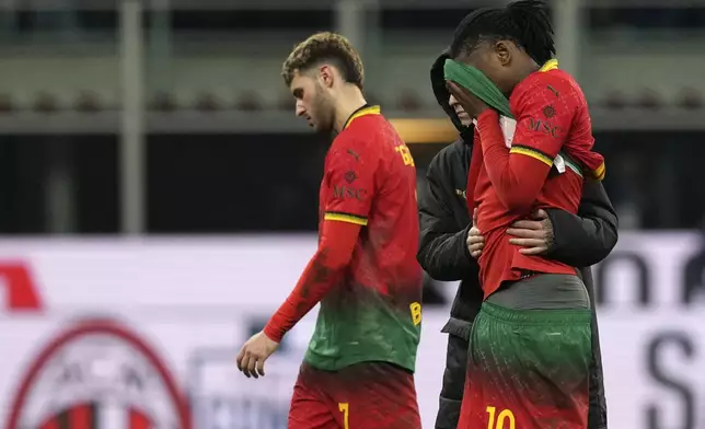 AC Milan's Rafael Leao walks off the pitch after the Serie A soccer match between AC Milan and Lazio at the San Siro stadium, in Milan, Italy, Sunday, March 2, 2025. (AP Photo/Antonio Calanni)