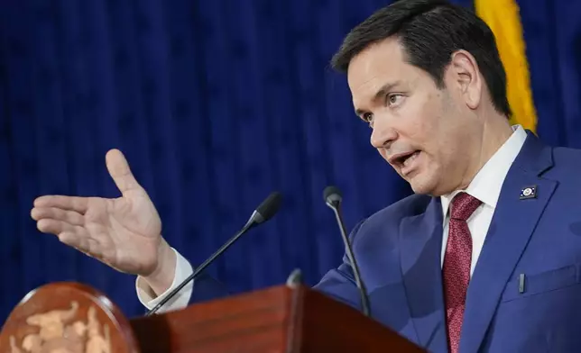 U.S. Secretary of State Marco Rubio gives a joint news conference with Jamaican Prime Minister Andrew Holness at the office of the prime minister in Kingston, Jamaica, Wednesday, March 26, 2025. (Nathan Howard/Pool Photo via AP)