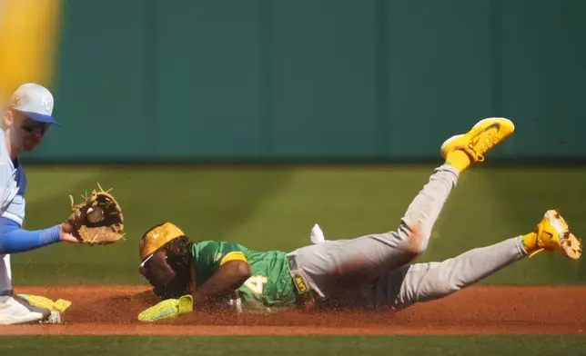 Athletics' Lawrence Butler, right, is tagged out trying to steal second base by Kansas City Royals shortstop Cam Devanney in the first inning during a spring training baseball game Monday, Feb. 24, 2025, in Surprise, Ariz. (AP Photo/Lindsey Wasson)