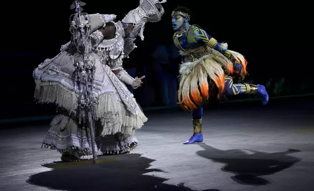 Performers from the Unidos da Tijuca samba school dance during Carnival celebrations at the Sambadrome in Rio de Janeiro, Monday, March 3, 2025. (AP Photo/Bruna Prado)