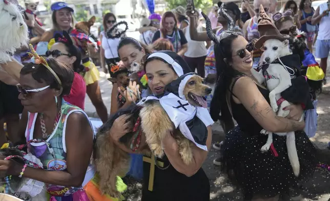 Owners and their pets take part in the "Blocao" dog carnival parade in Rio de Janeiro, Brazil, Saturday, March 1, 2025. (AP Photo/Silvia Izquierdo)
