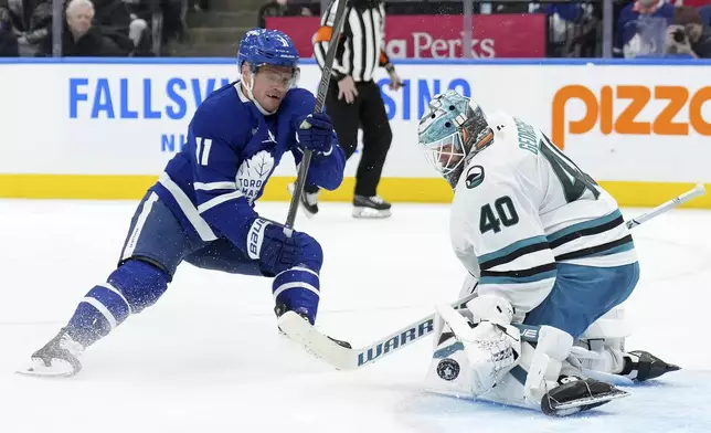 San Jose Sharks goaltender Alexandar Georgiev (40) makes a save on Toronto Maple Leafs forward Max Domi during the second period of an NHL hockey game in Toronto, Monday, March 3, 2025. (Nathan Denette/The Canadian Press via AP)