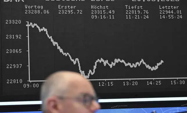 A stock market trader watches his monitors on the trading floor of the Frankfurt Stock Exchange, Germany, Thursday, March 20, 2025. (Arne Dedert/dpa/dpa via AP)