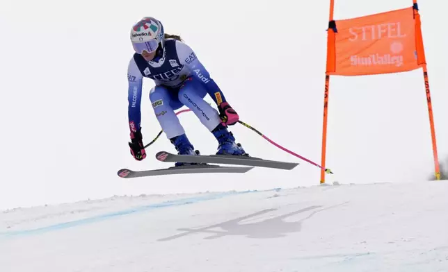 Italy's Marta Bassino skis during a women's downhill training run at the World Cup Finals, Friday, March 21, 2025, in Sun Valley, Idaho. (AP Photo/Robert F. Bukaty)
