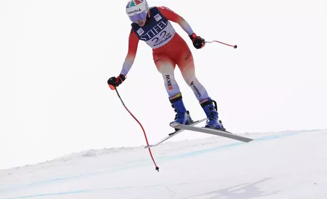 Switzerland's Michelle Gisin skis during a women's downhill training run at the World Cup Finals, Friday, March 21, 2025, in Sun Valley, Idaho. (AP Photo/Robert F. Bukaty)