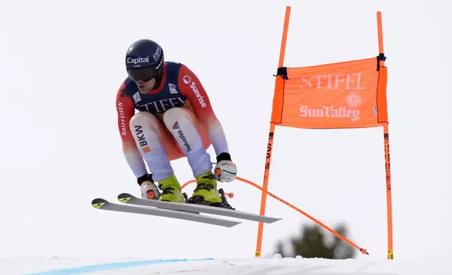 Switzerland's Stefan Rogentin skis in a men's downhill training run at the World Cup Finals, Friday, March 21, 2025, in Sun Valley, Idaho. (AP Photo by Robert F. Bukaty)